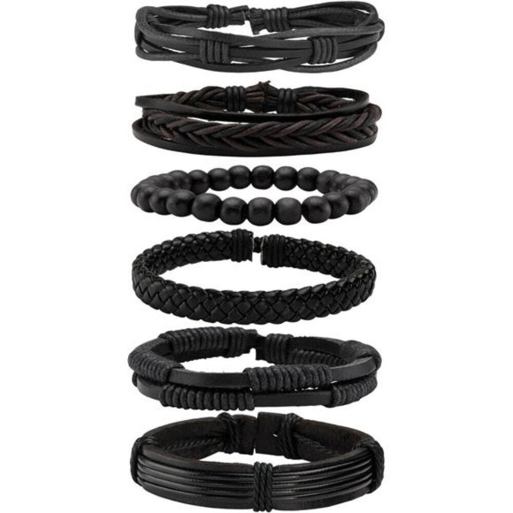 6 Pcs Leather Bracelets for Men Women Adjustable Punk Braided Cuff Wristbands